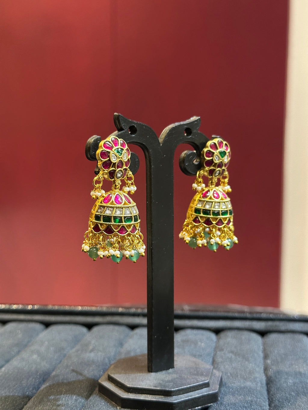 Elegant Jhumka Earrings with Ruby Stud Top, Emerald Drops & Pearl Fringe