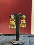 Elegant Jhumka Earrings with Ruby Stud Top, Emerald Drops & Pearl Fringe