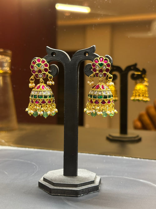 Elegant Jhumka Earrings with Ruby Stud Top, Emerald Drops & Pearl Fringe