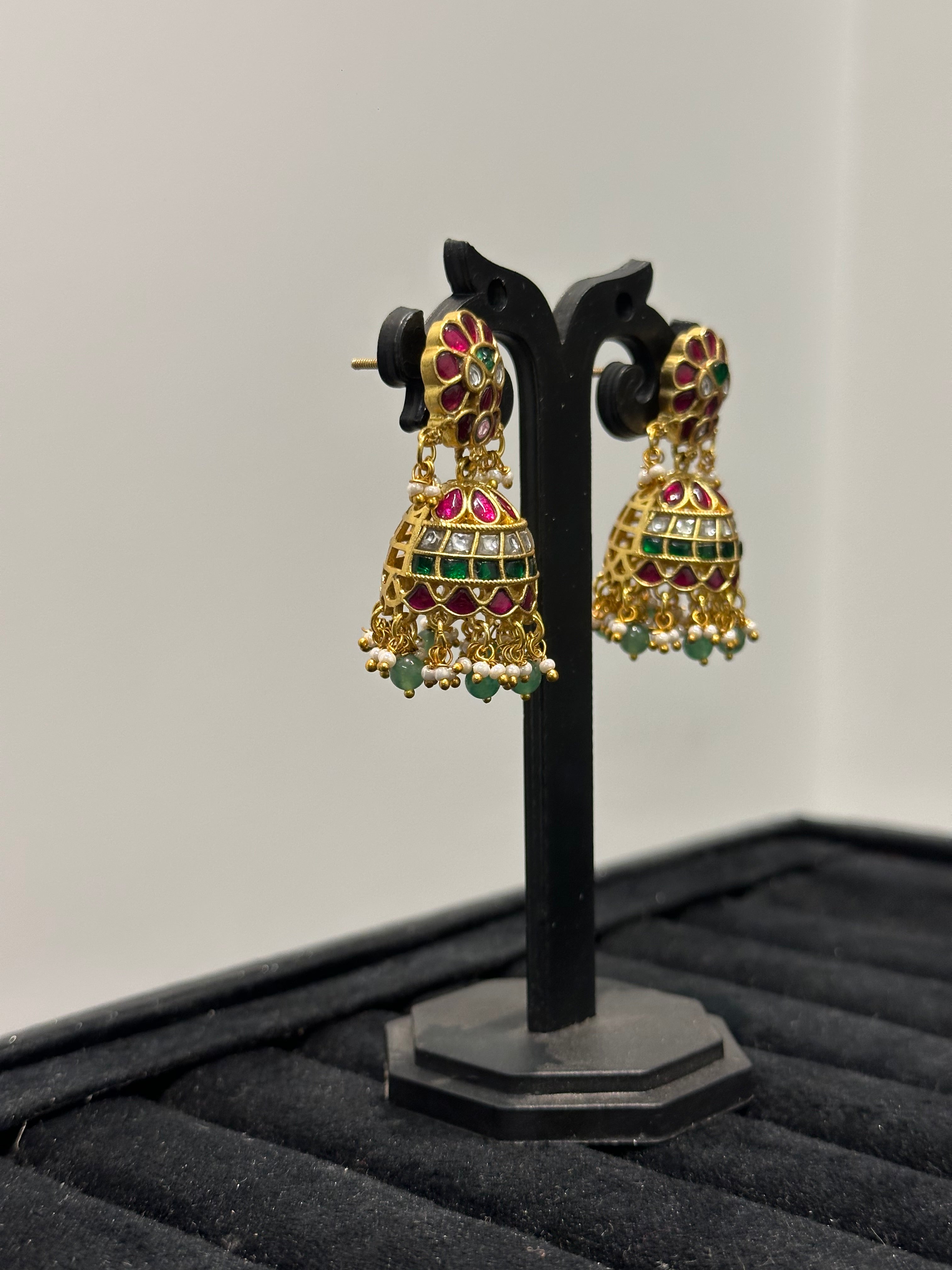 Elegant Jhumka Earrings with Ruby Stud Top, Emerald Drops & Pearl Fringe