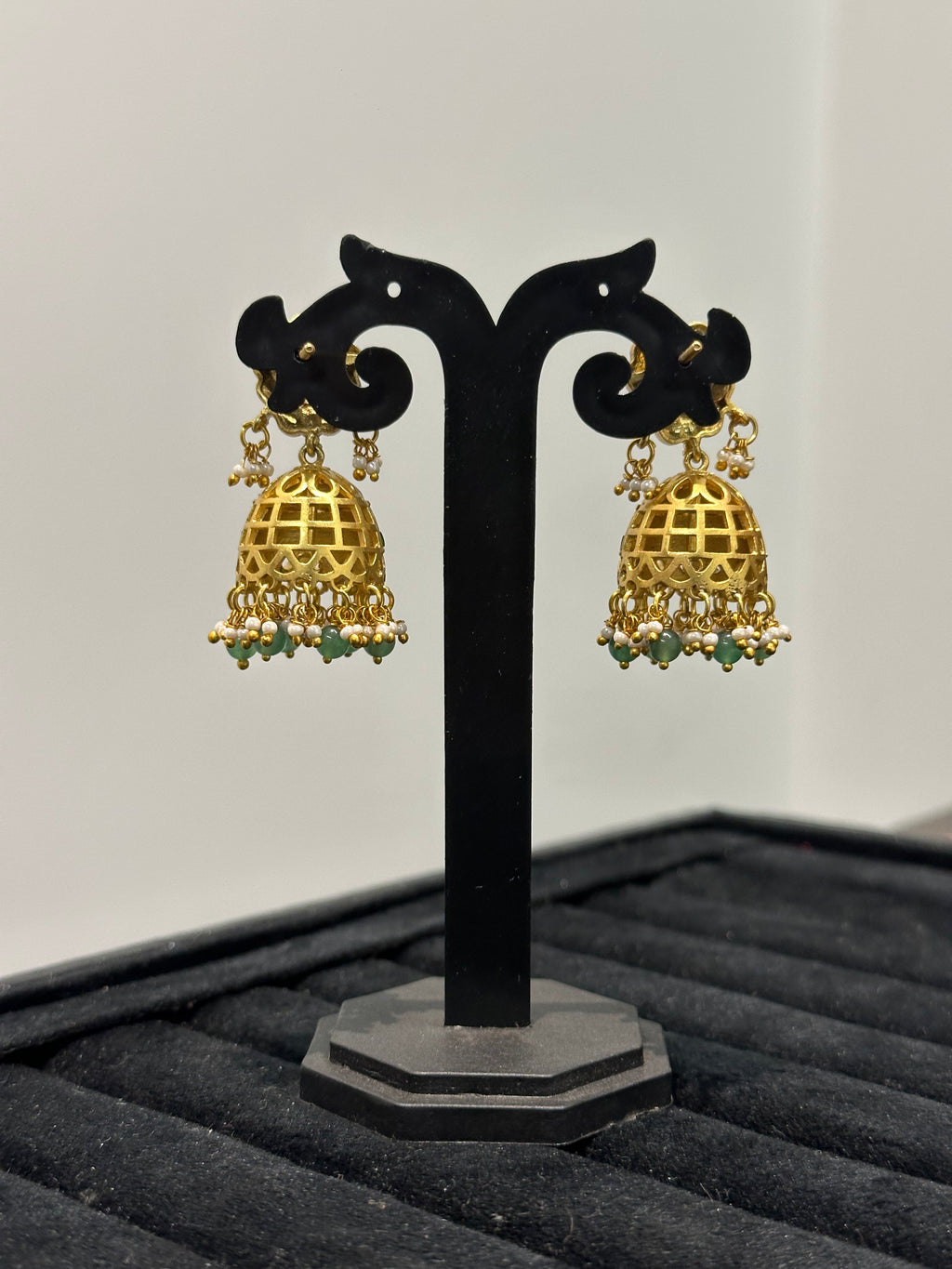 Elegant Jhumka Earrings with Ruby Stud Top, Emerald Drops & Pearl Fringe