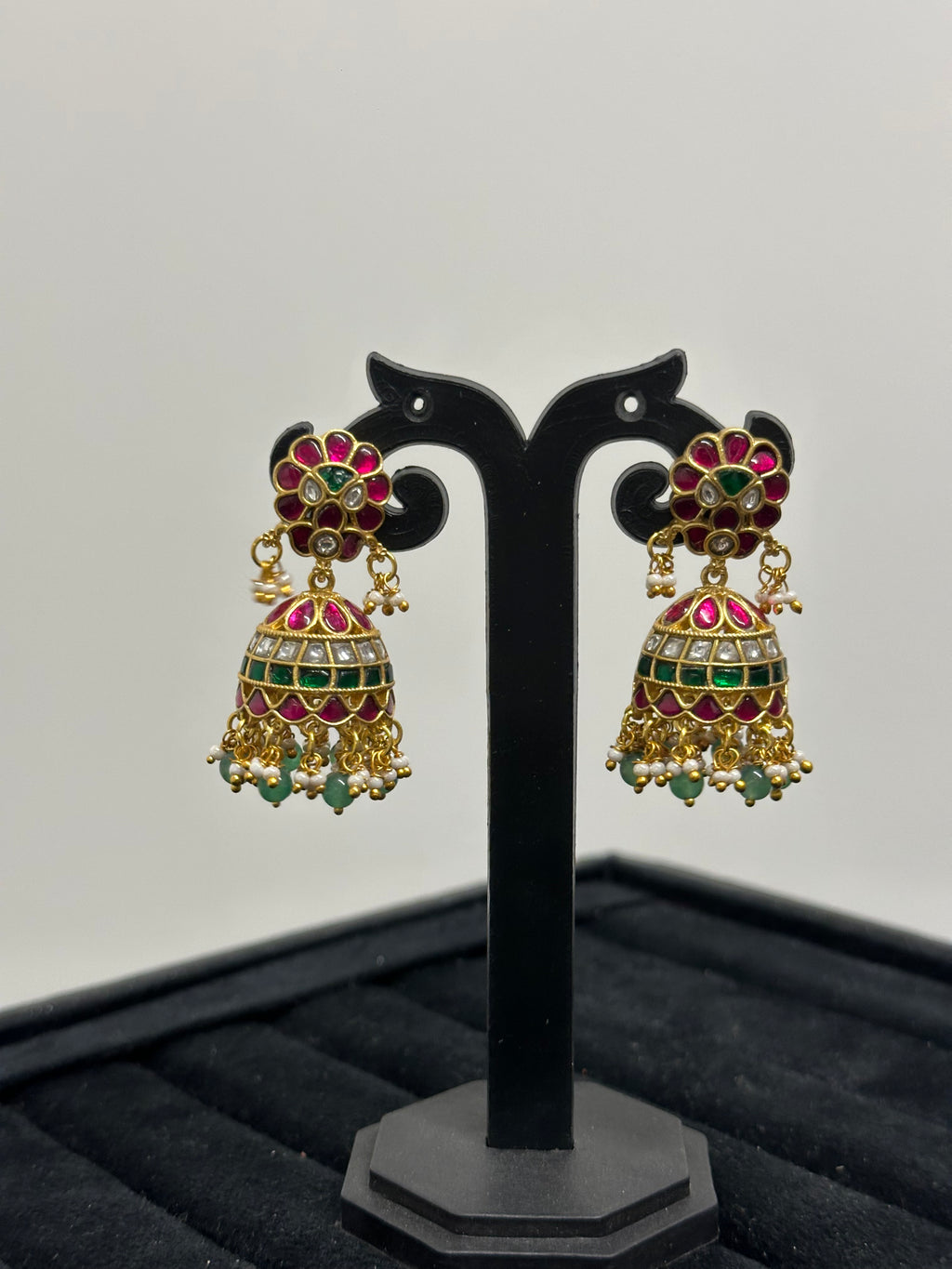 Elegant Jhumka Earrings with Ruby Stud Top, Emerald Drops & Pearl Fringe