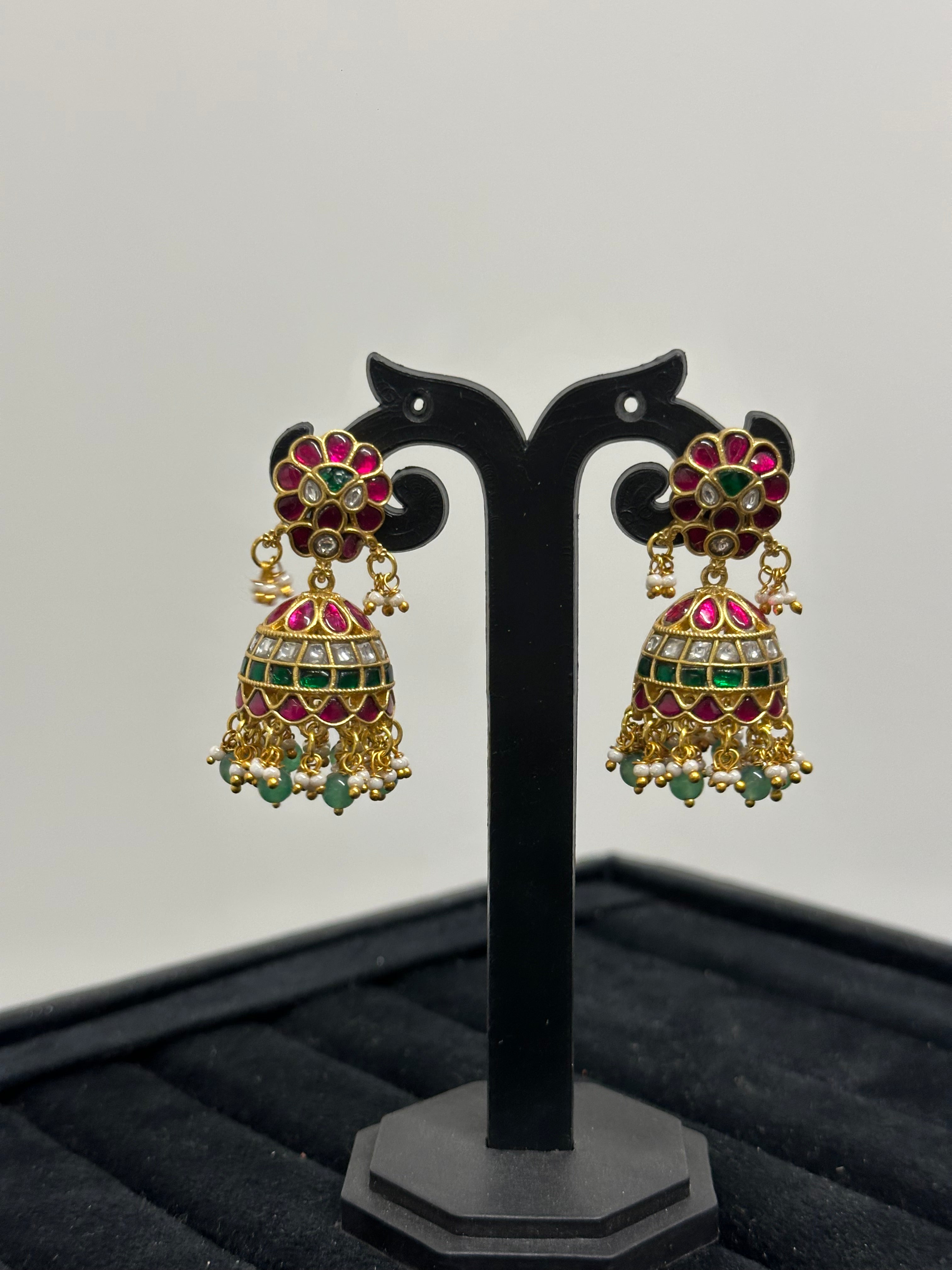 Elegant Jhumka Earrings with Ruby Stud Top, Emerald Drops & Pearl Fringe