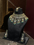 Victorian Polki Bridal Set - Necklace, Earrings & Maang Tikka with Emerald Drops & Pearl Clusters