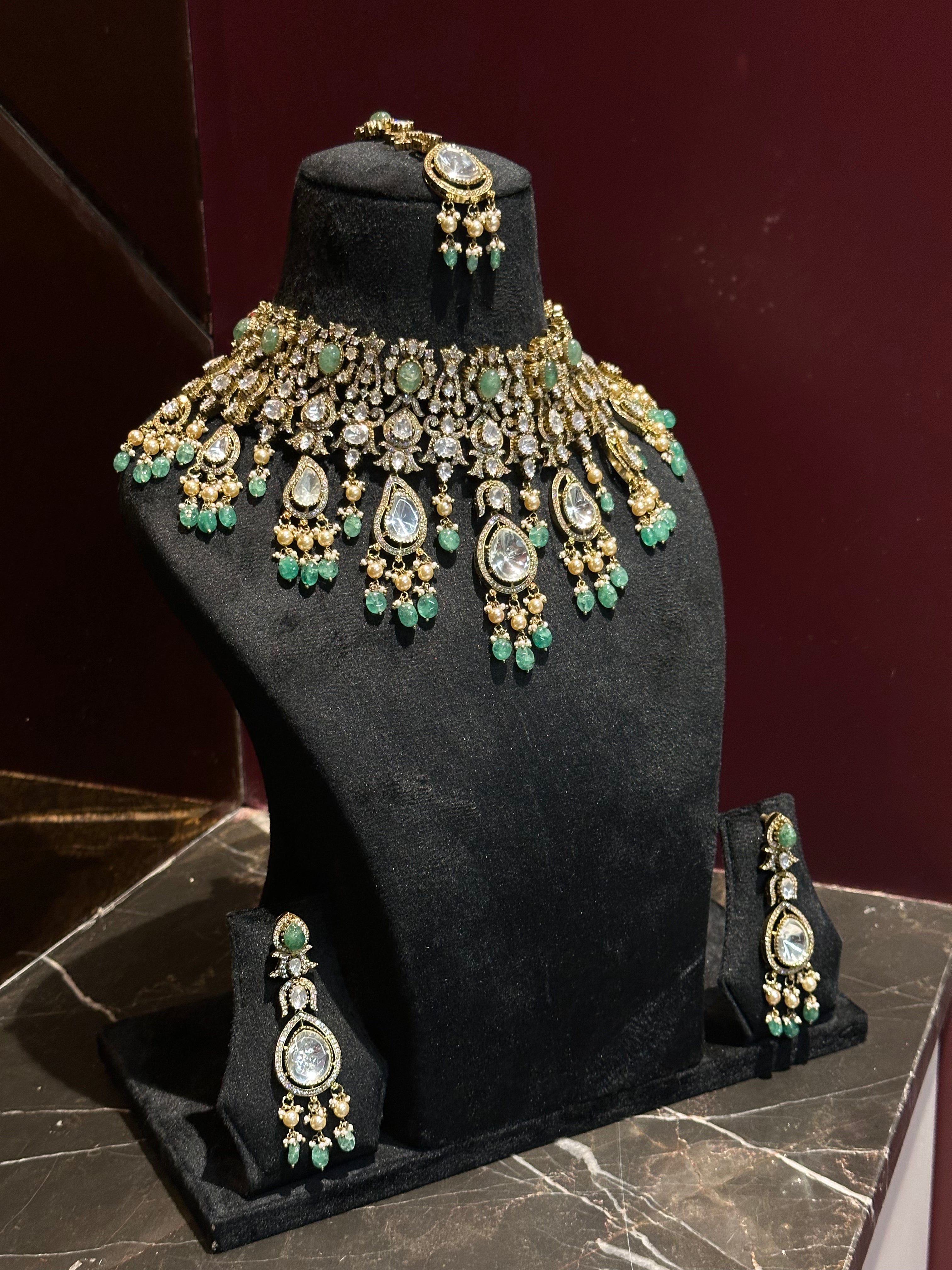 Victorian Polki Bridal Set - Necklace, Earrings & Maang Tikka with Emerald Drops & Pearl Clusters