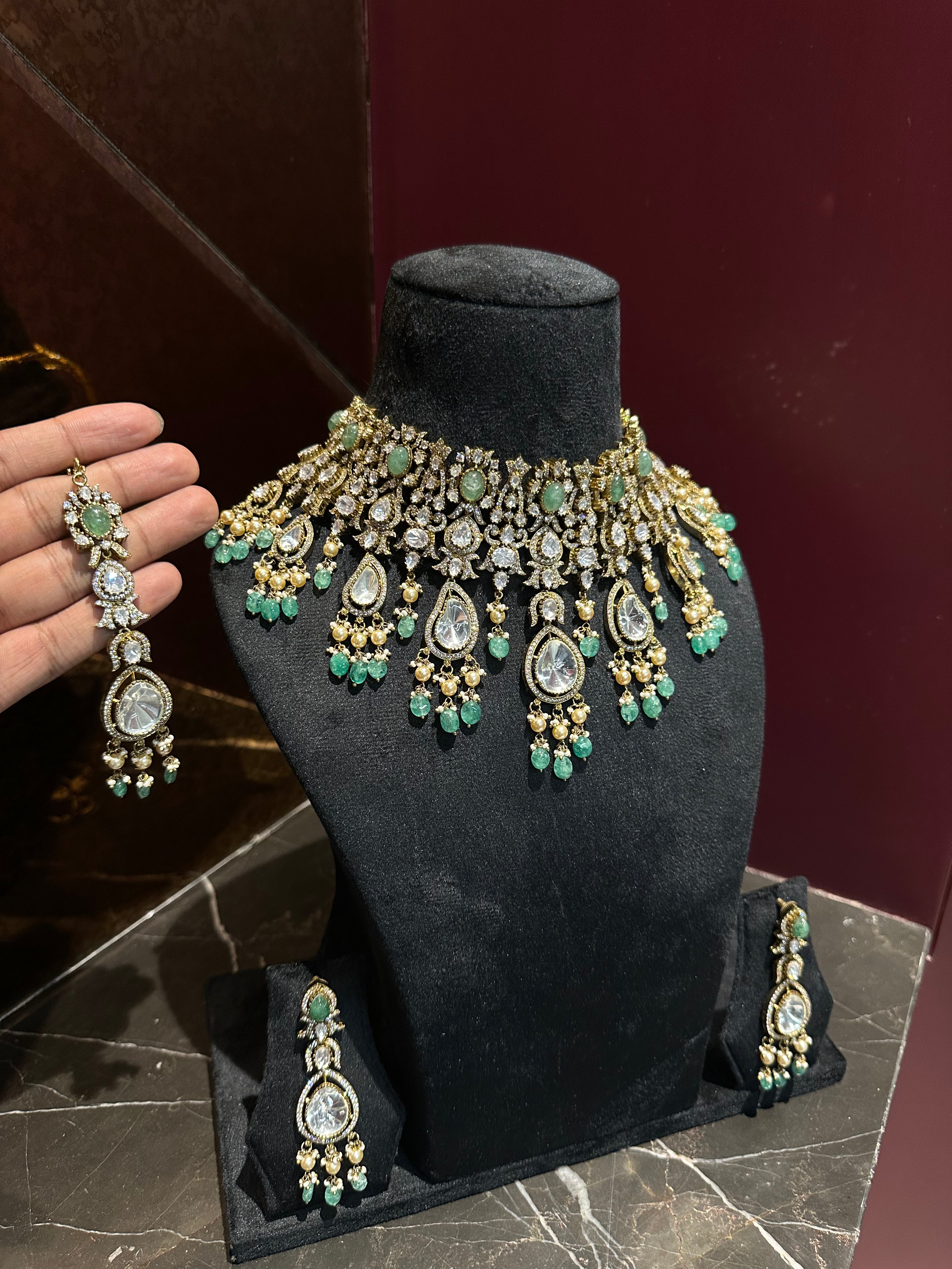Victorian Polki Bridal Set - Necklace, Earrings & Maang Tikka with Emerald Drops & Pearl Clusters