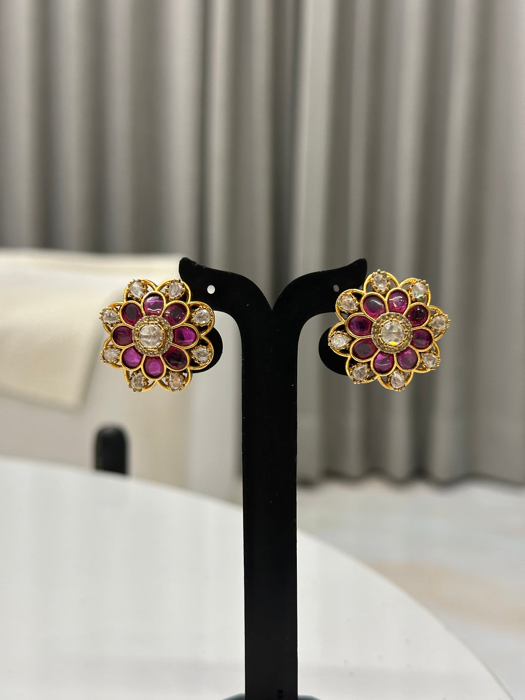 Ruby Polki Floral Stud Earrings with Rose-Cut Centre | Gold Plated Kundan Ethnic Studs
