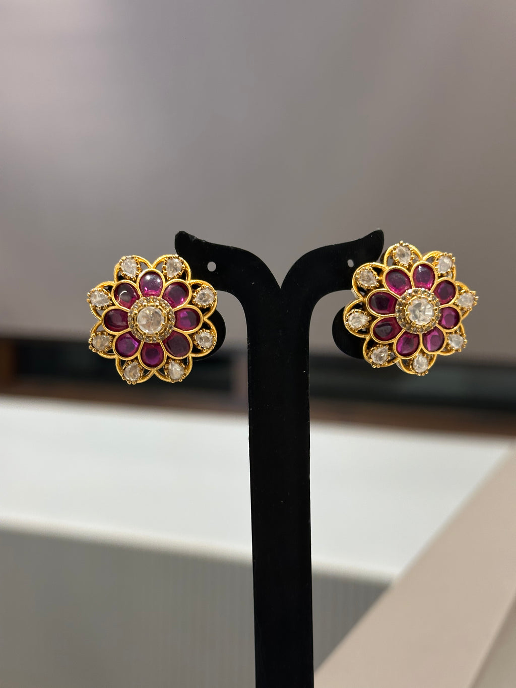 Ruby Polki Floral Stud Earrings with Rose-Cut Centre | Gold Plated Kundan Ethnic Studs