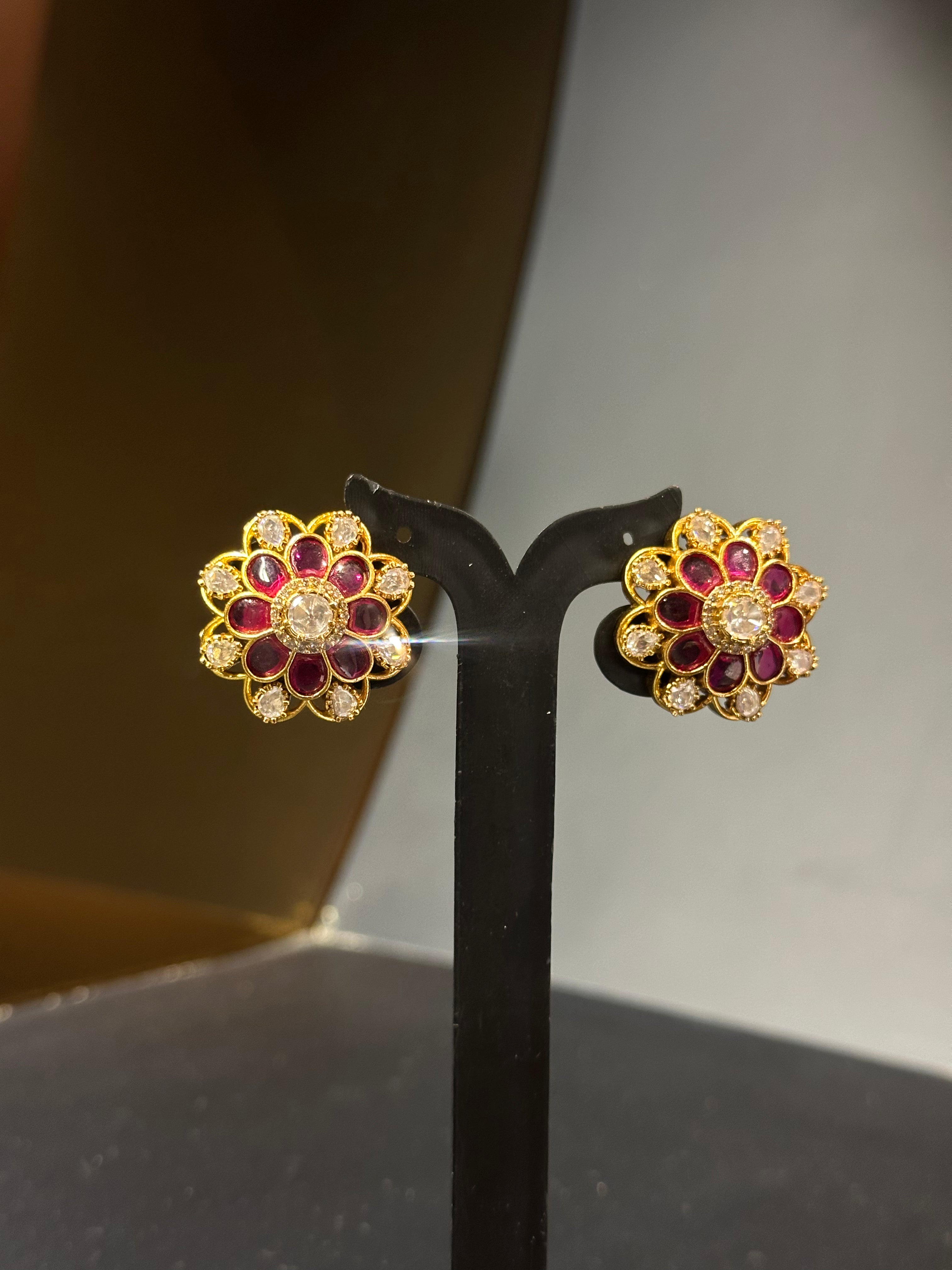 Ruby Polki Floral Stud Earrings with Rose-Cut Centre | Gold Plated Kundan Ethnic Studs