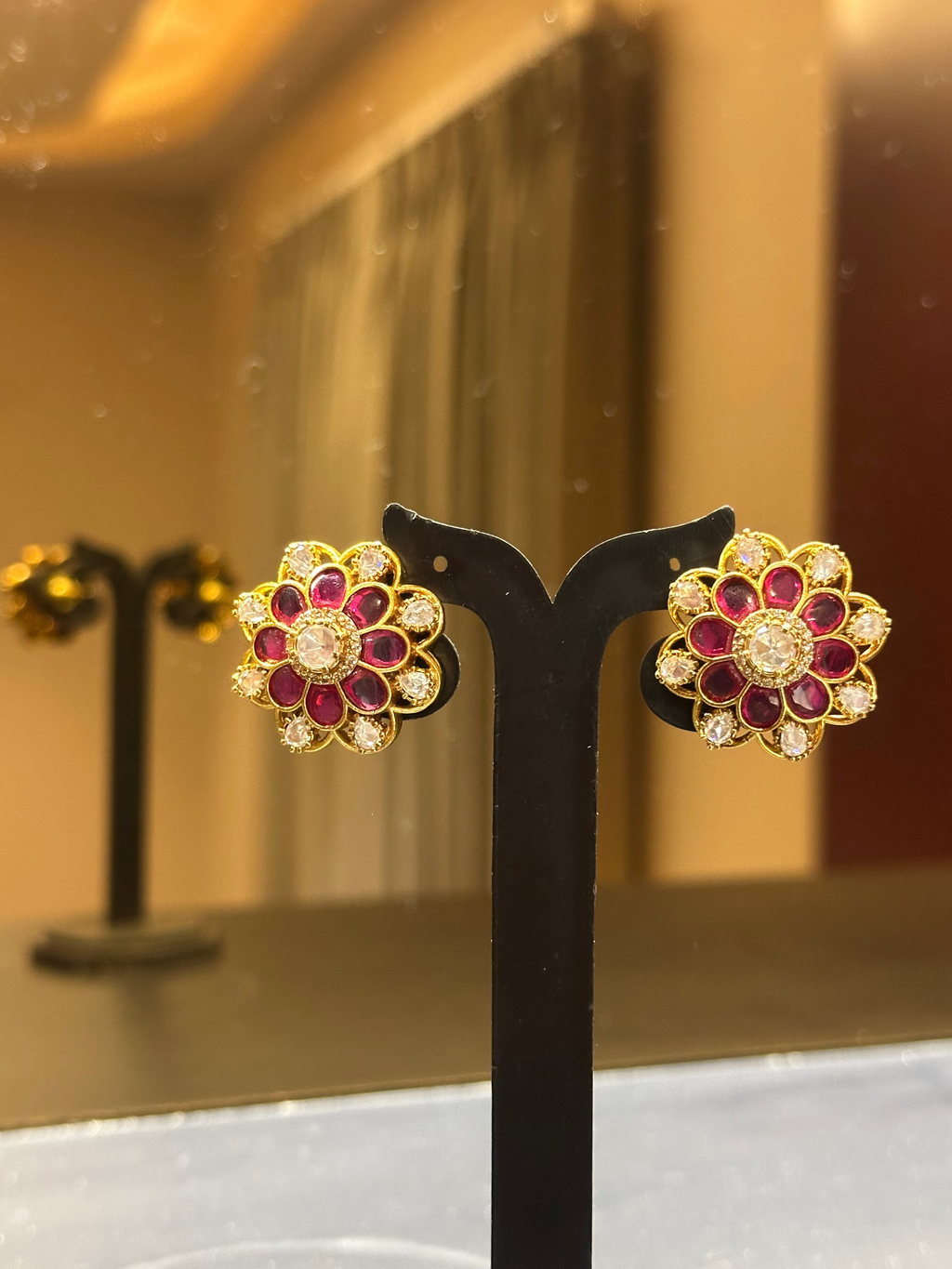 Ruby Polki Floral Stud Earrings with Rose-Cut Centre | Gold Plated Kundan Ethnic Studs