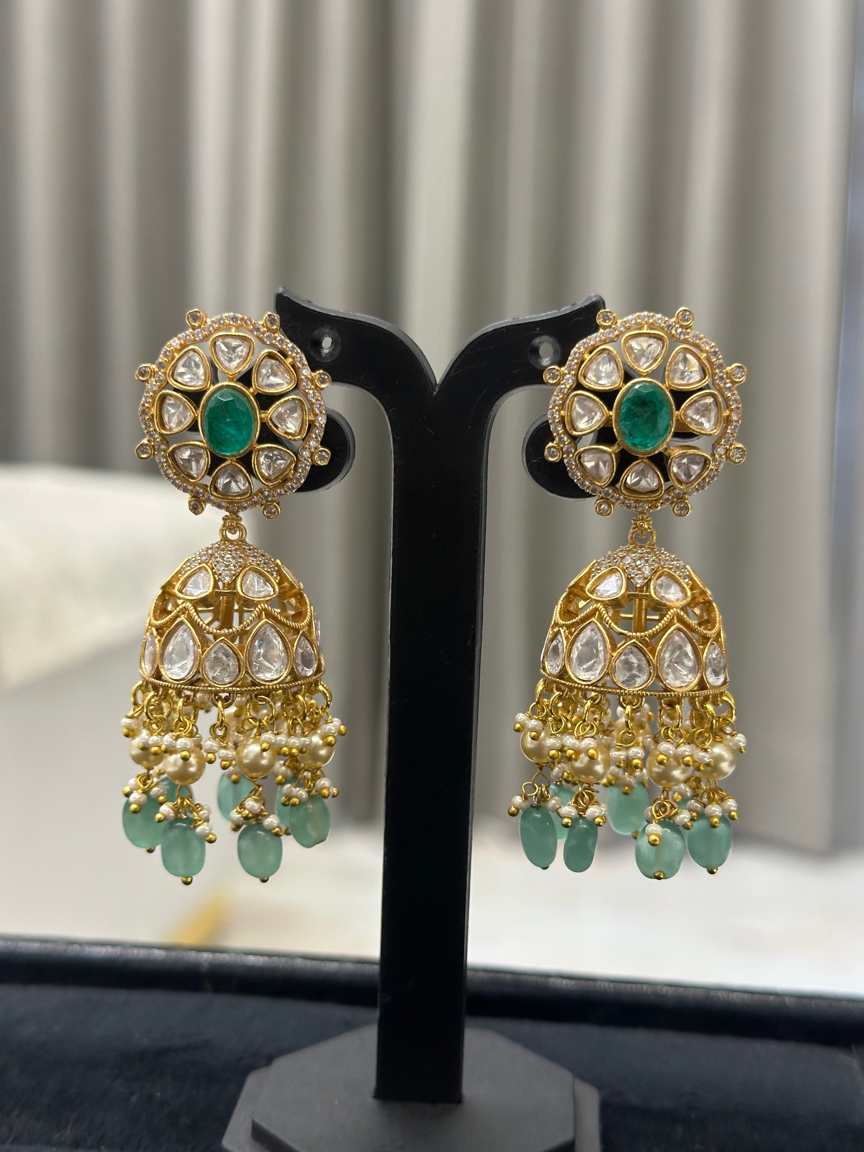 Polki Jhumka Earrings with Floral Stud Top & Pearl Drops