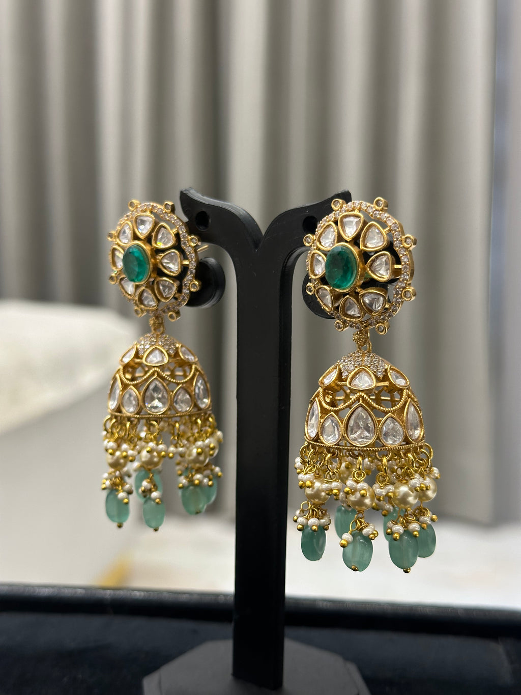 Polki Jhumka Earrings with Floral Stud Top & Pearl Drops