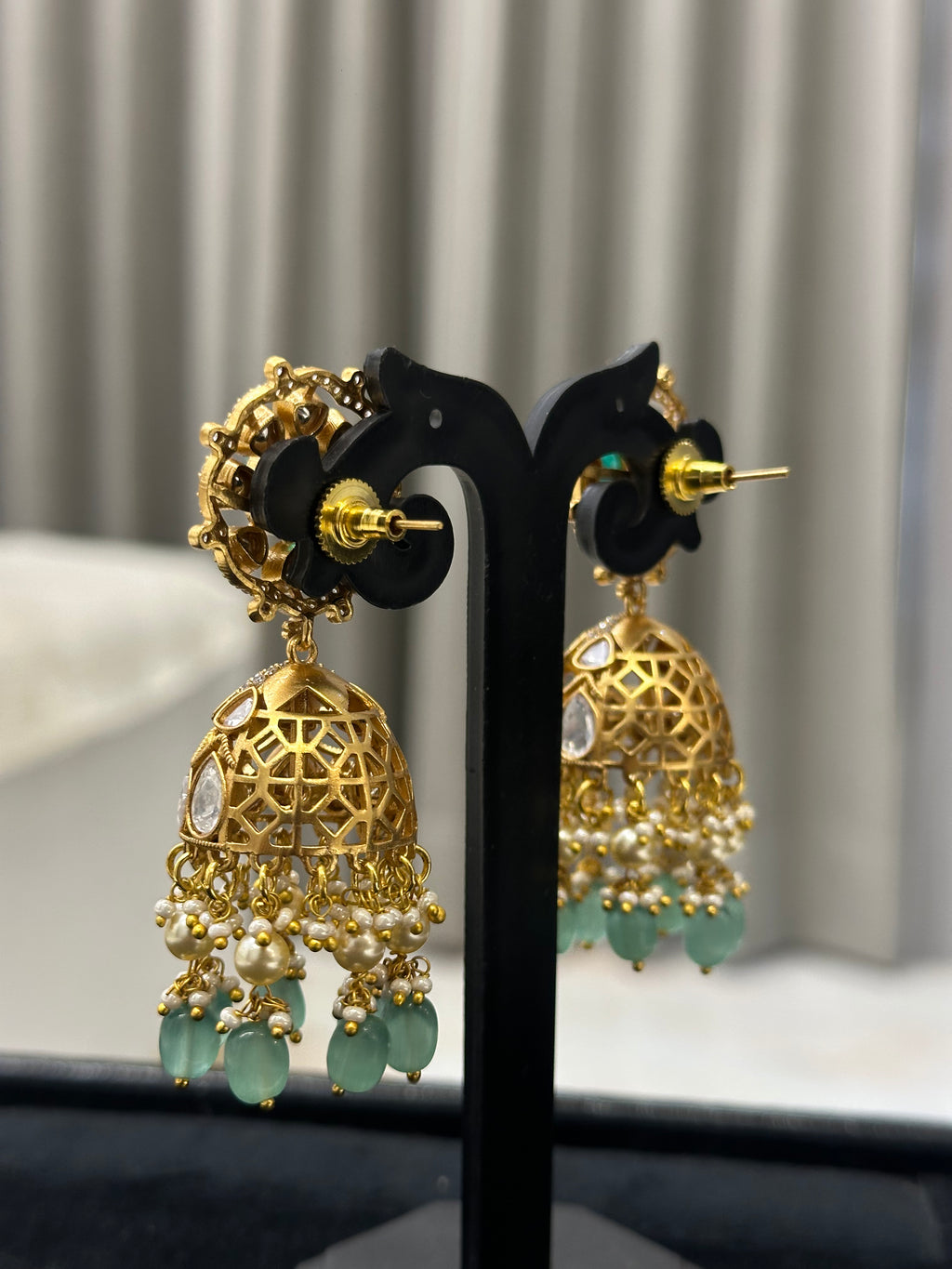Polki Jhumka Earrings with Floral Stud Top & Pearl Drops