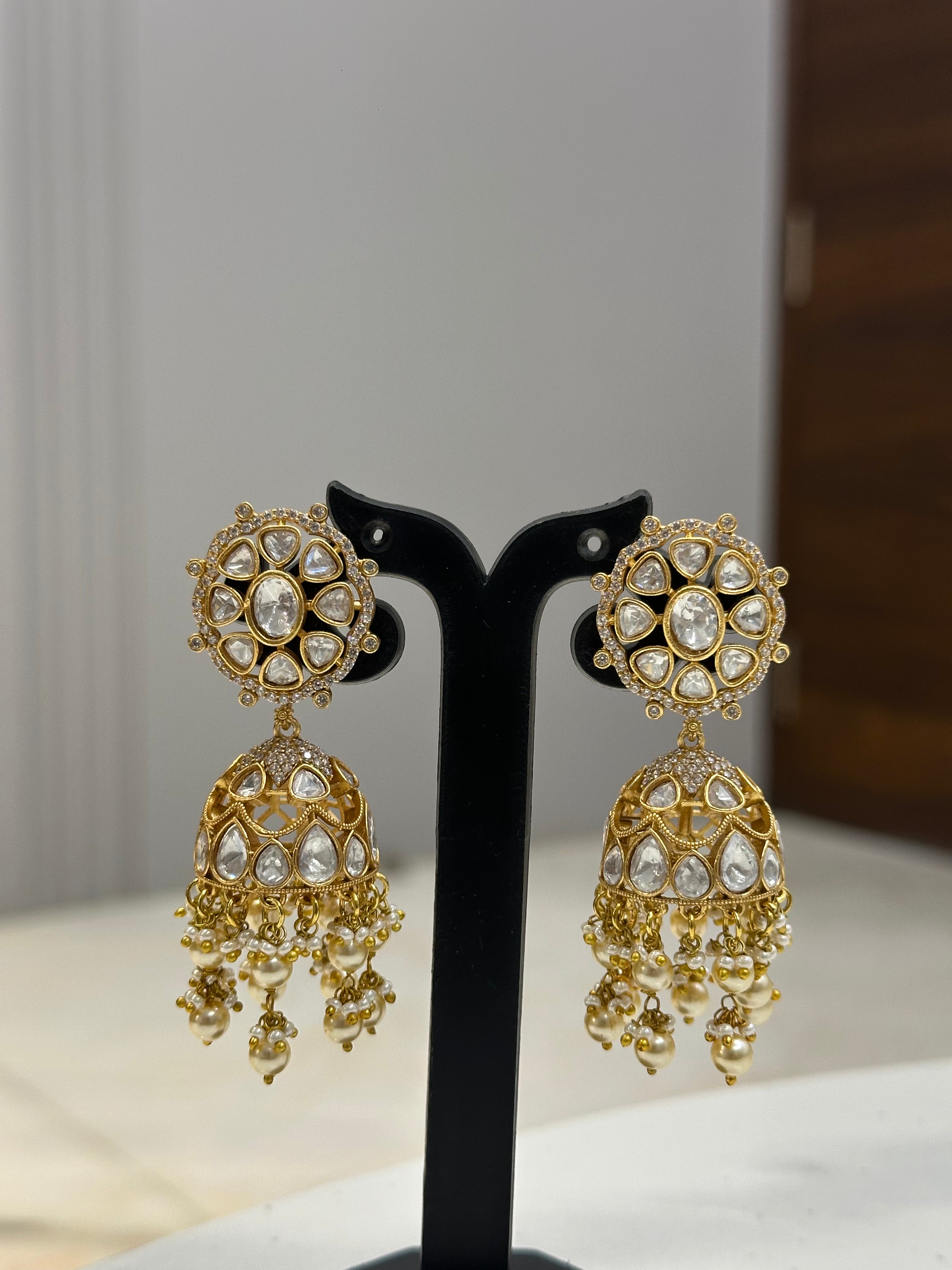 Polki Jhumka Earrings with Floral Stud Top & Pearl Drops