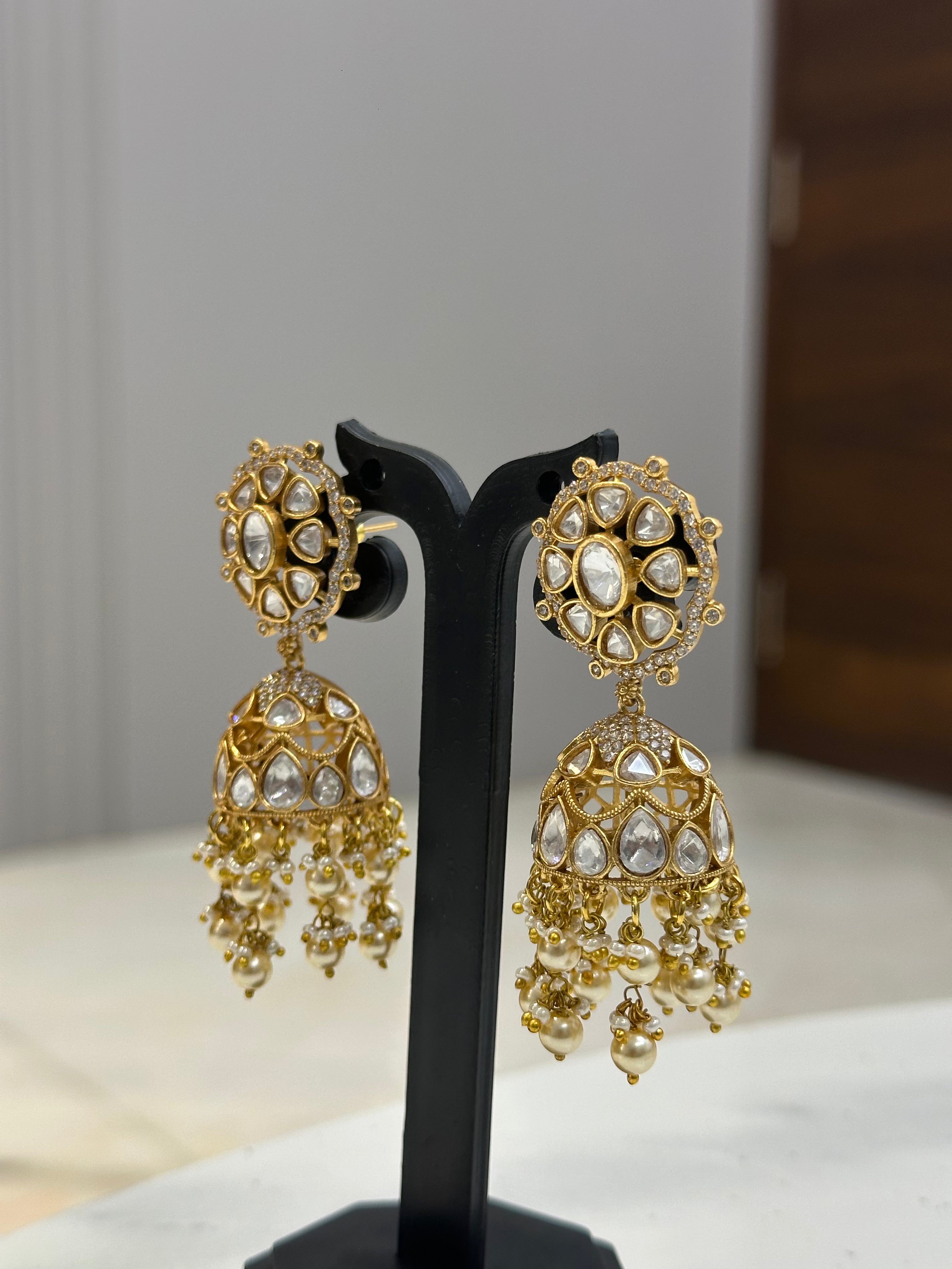 Polki Jhumka Earrings with Floral Stud Top & Pearl Drops