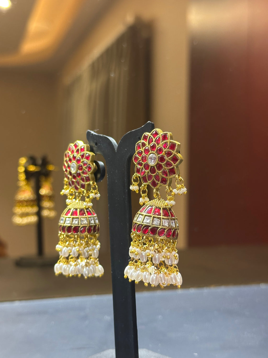 Ruby Kundan Jhumka Earrings with Floral Stud Top & Pearl Drops | Gold Plated Bridal Jhumki