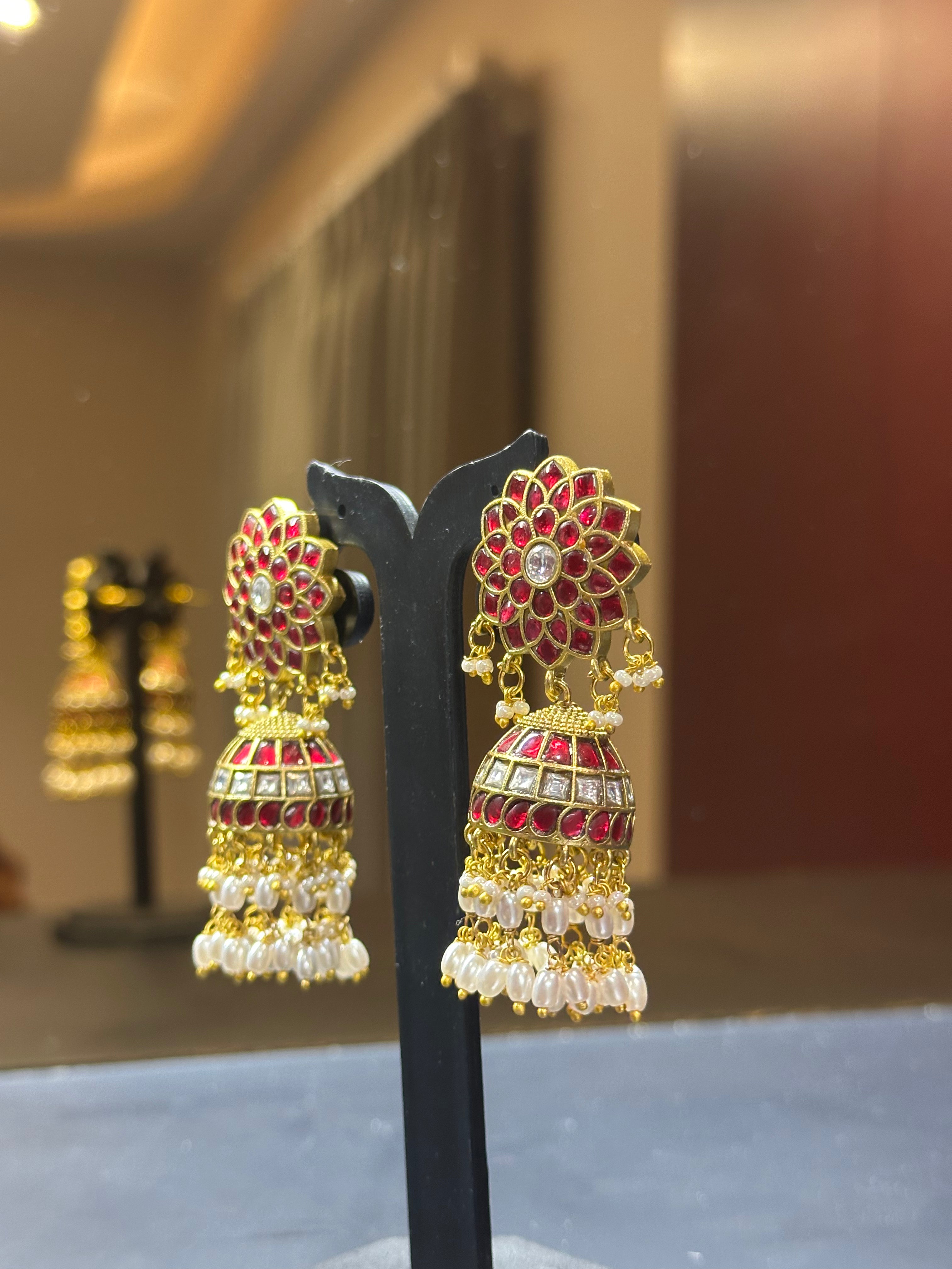 Ruby Kundan Jhumka Earrings with Floral Stud Top & Pearl Drops | Gold Plated Bridal Jhumki