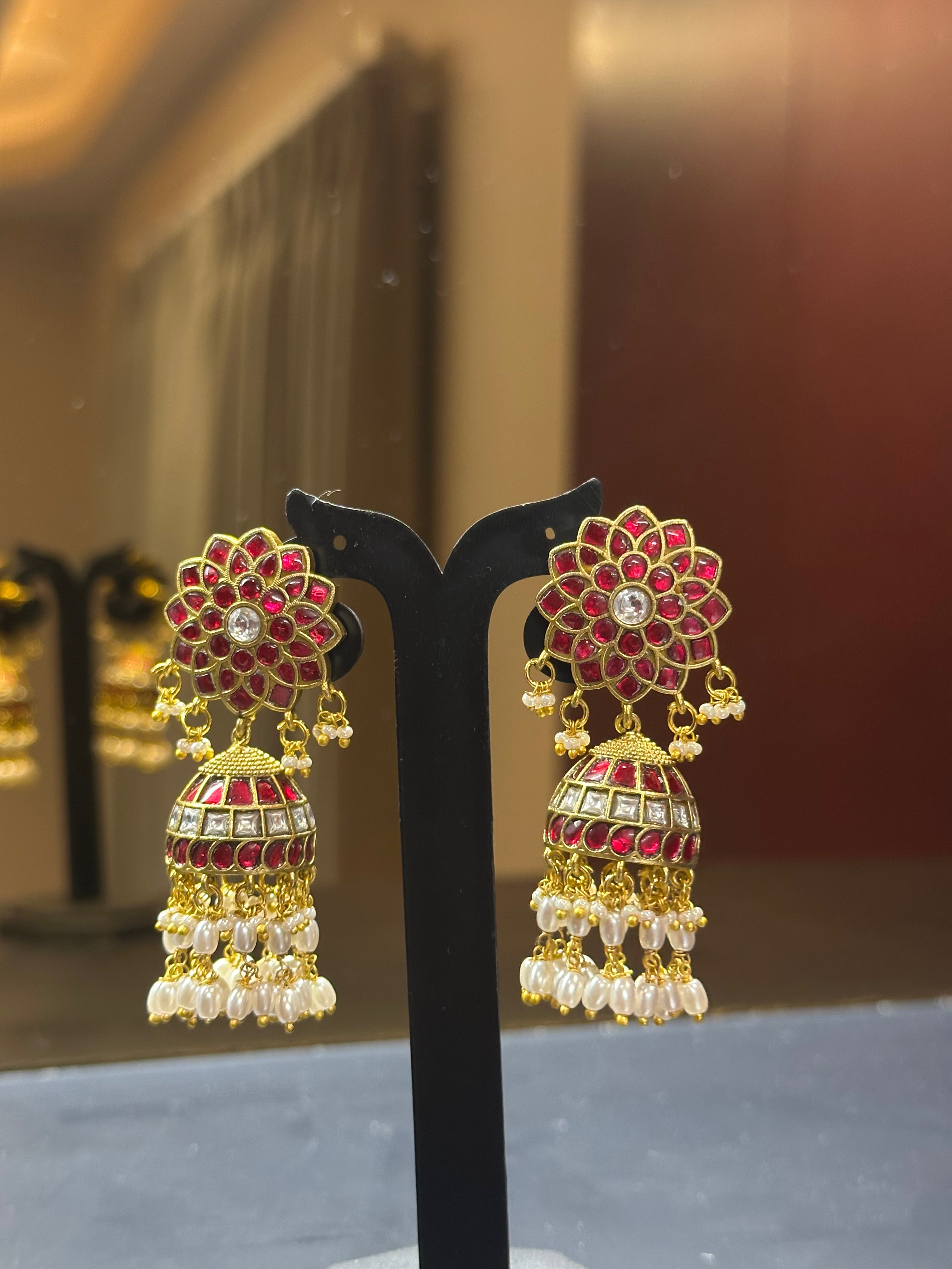 Ruby Kundan Jhumka Earrings with Floral Stud Top & Pearl Drops | Gold Plated Bridal Jhumki