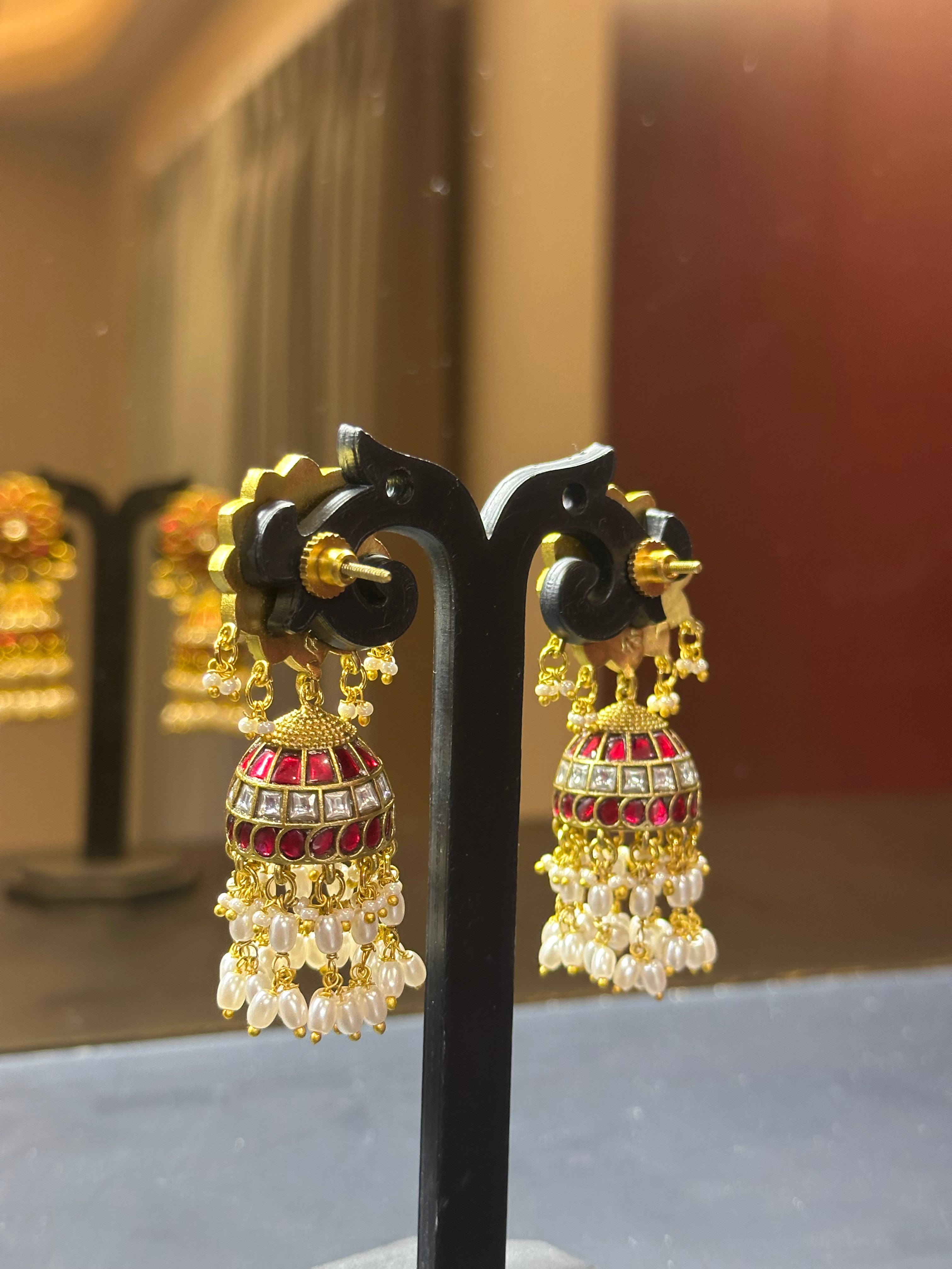 Ruby Kundan Jhumka Earrings with Floral Stud Top & Pearl Drops | Gold Plated Bridal Jhumki