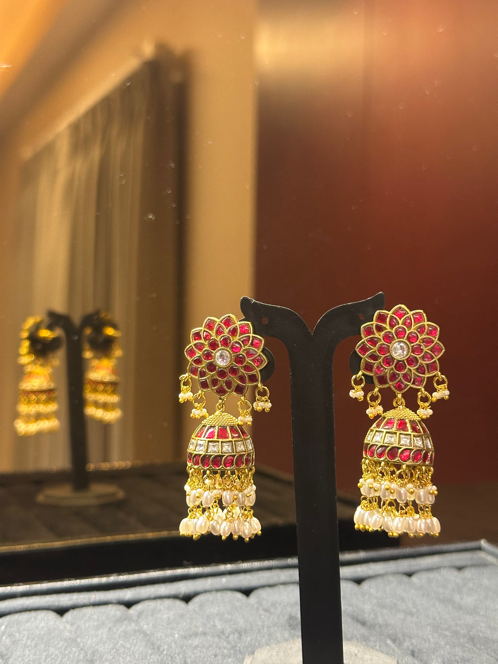 Ruby Kundan Jhumka Earrings with Floral Stud Top & Pearl Drops | Gold Plated Bridal Jhumki