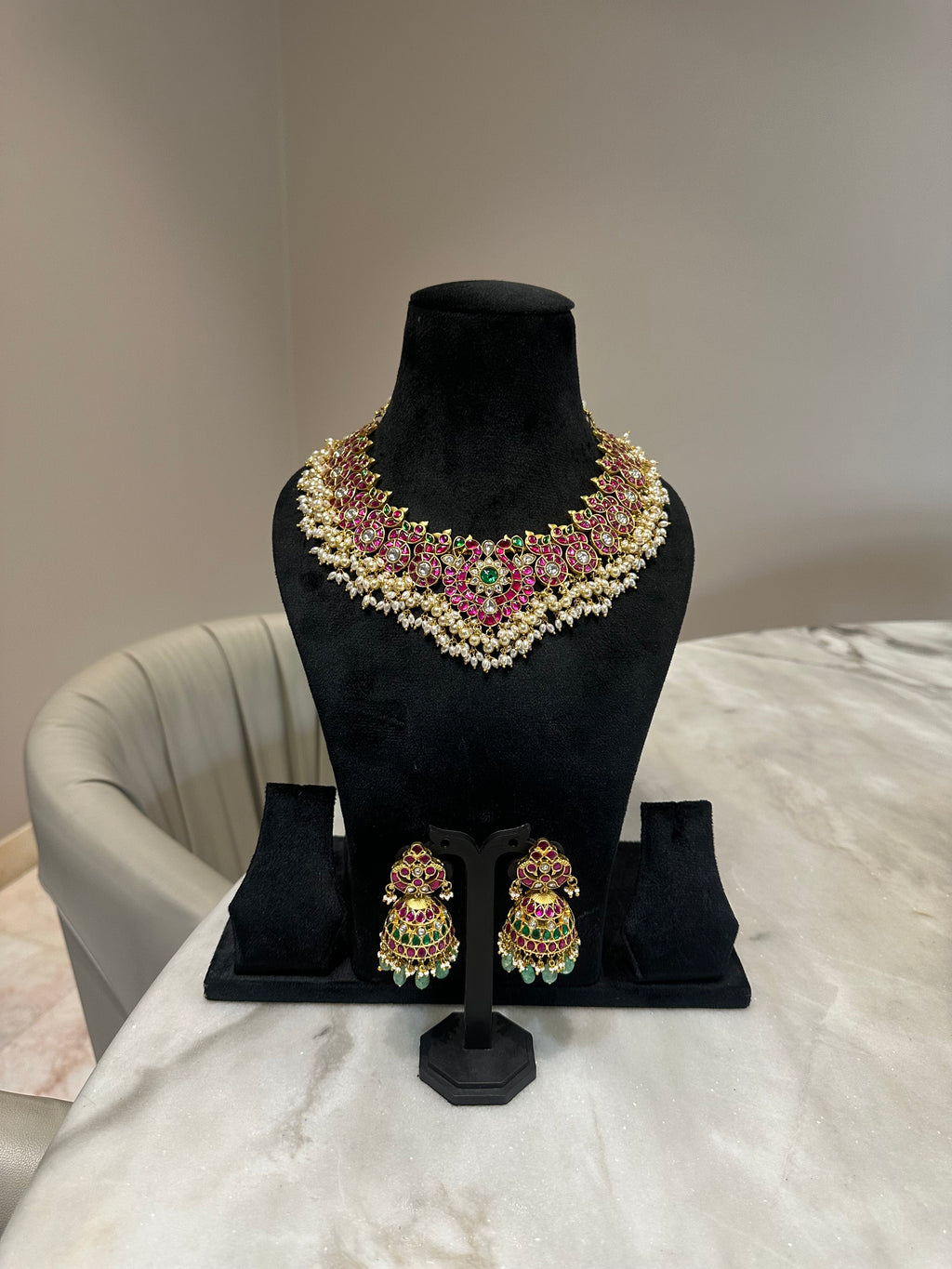 Ruby Kundan Peacock Choker & Jhumka Set