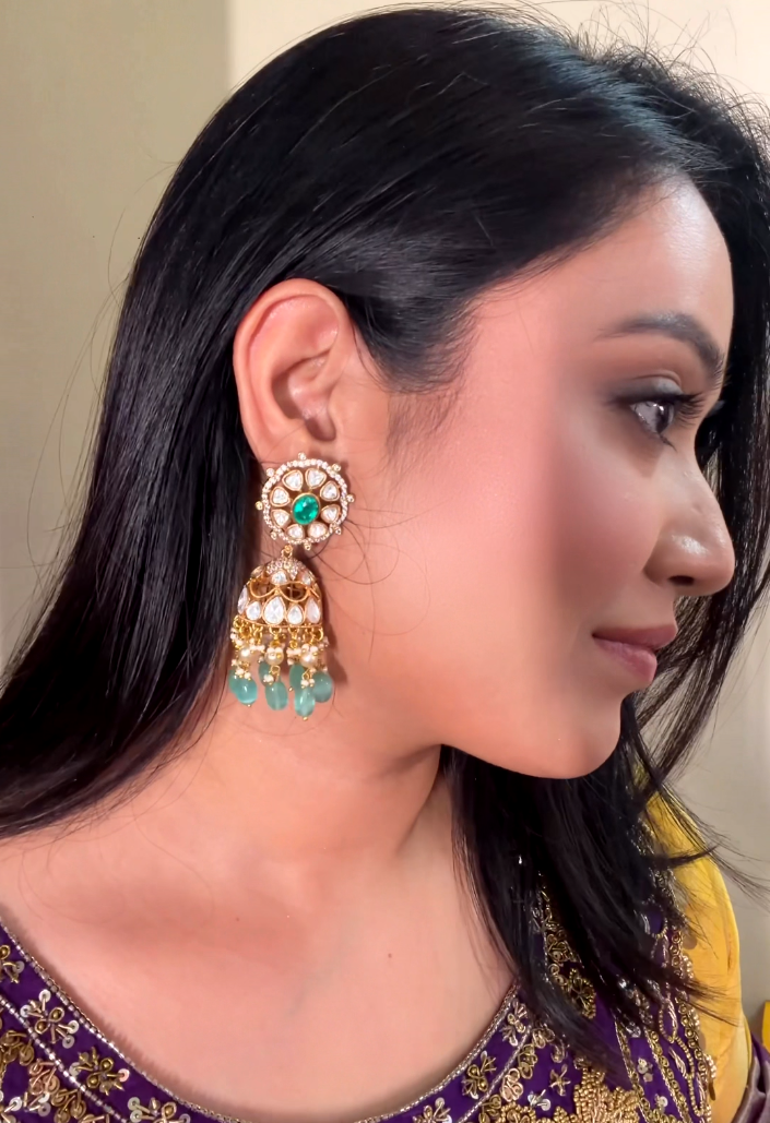 Polki Jhumka Earrings with Floral Stud Top & Pearl Drops