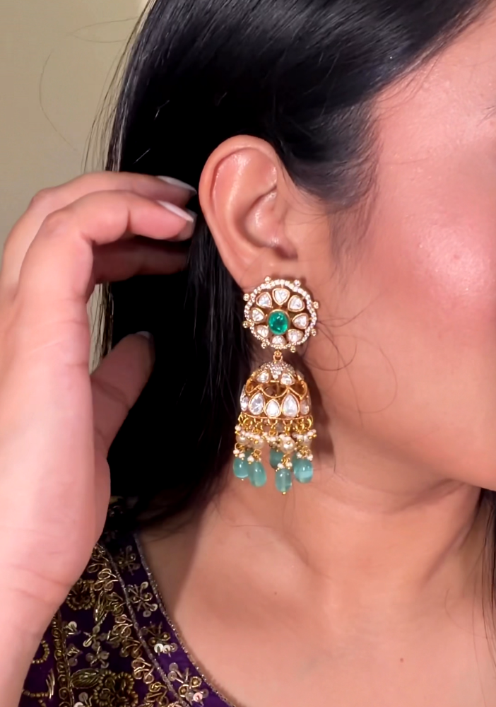 Polki Jhumka Earrings with Floral Stud Top & Pearl Drops