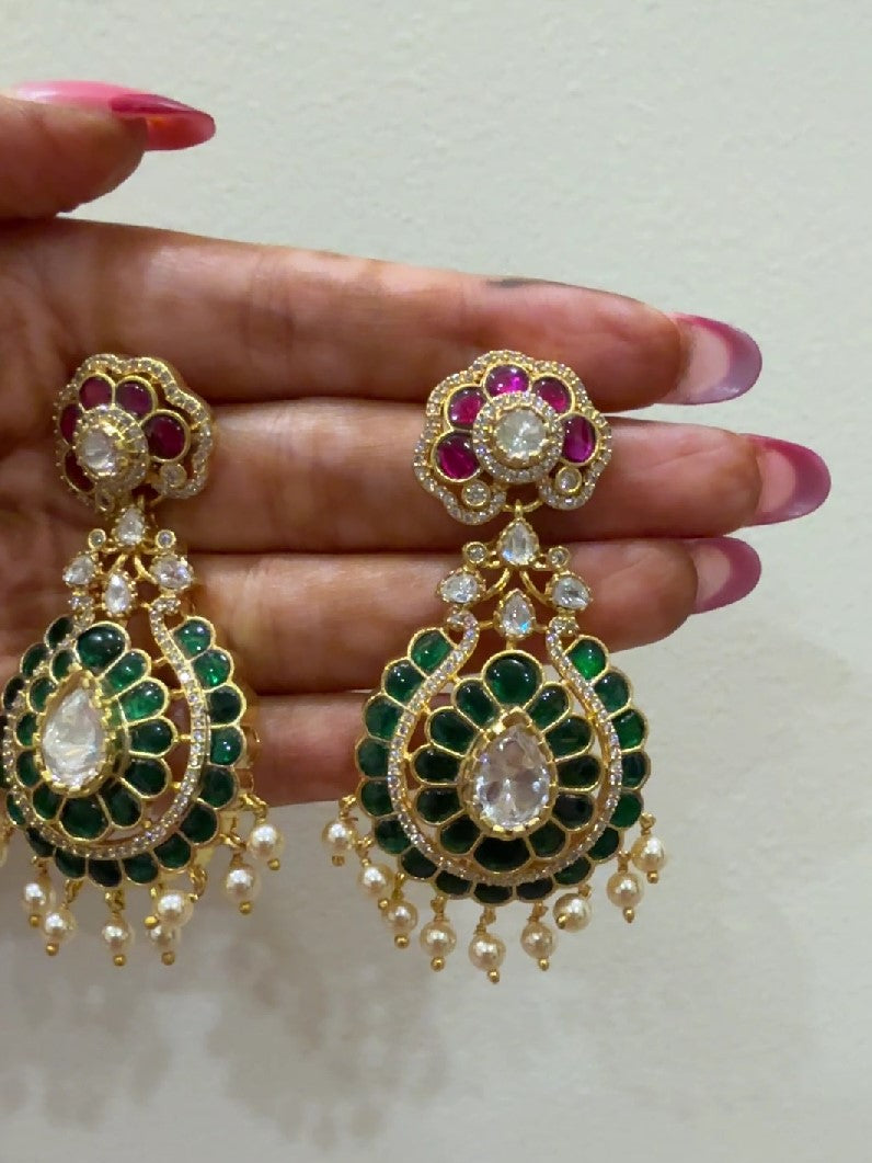 Beautiful Chandbali Earrings with Emerald Stone & Pearl Drops